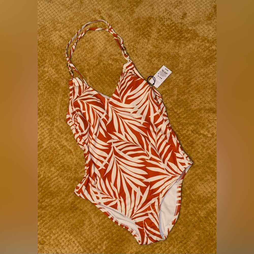 Shade & Shore Orange and White Leaf-Print One-Piece Swimsuit